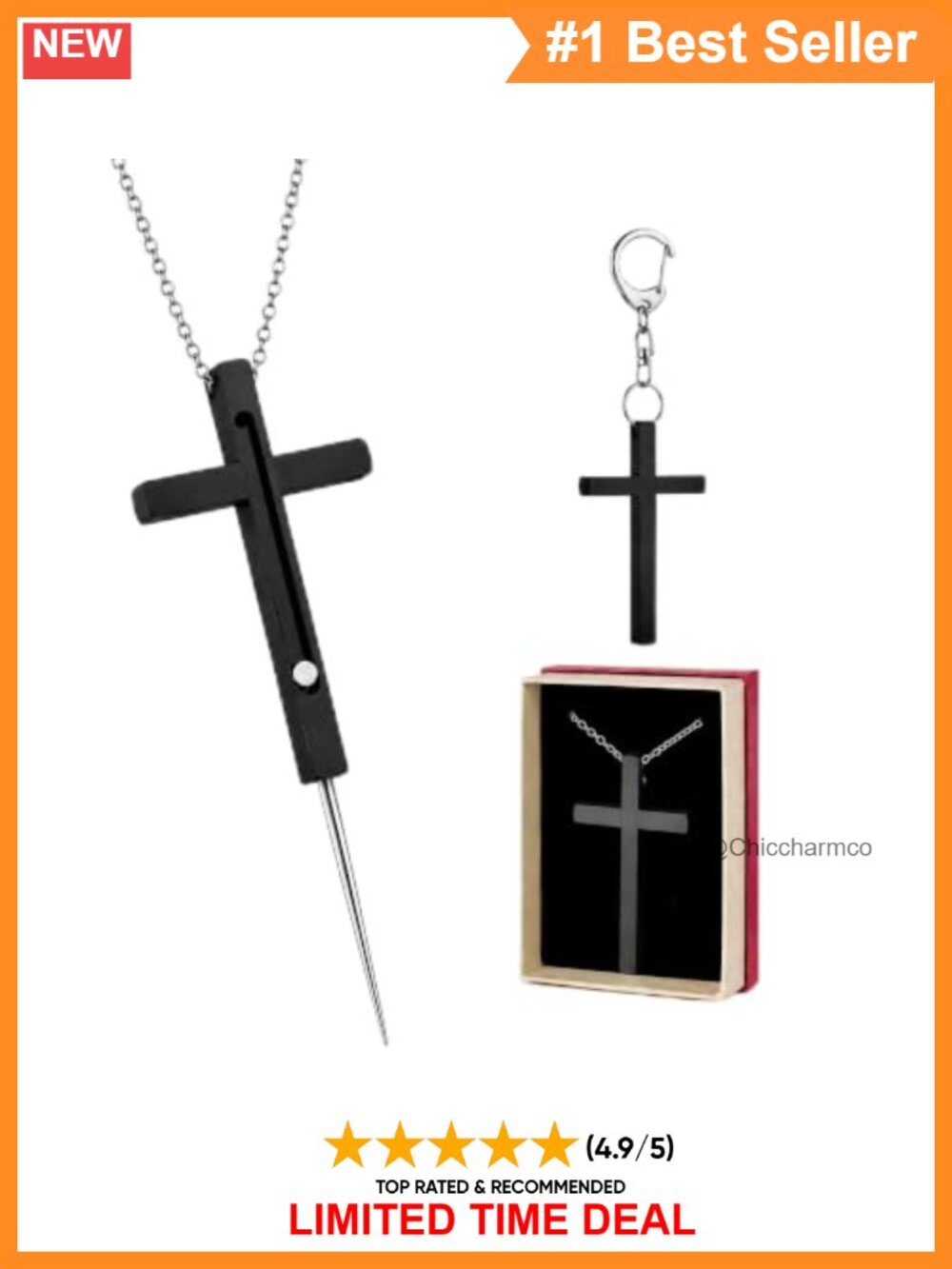 Stainless Steel Concealed Spike Cross Necklace 22'' Chain Self Defense EDC